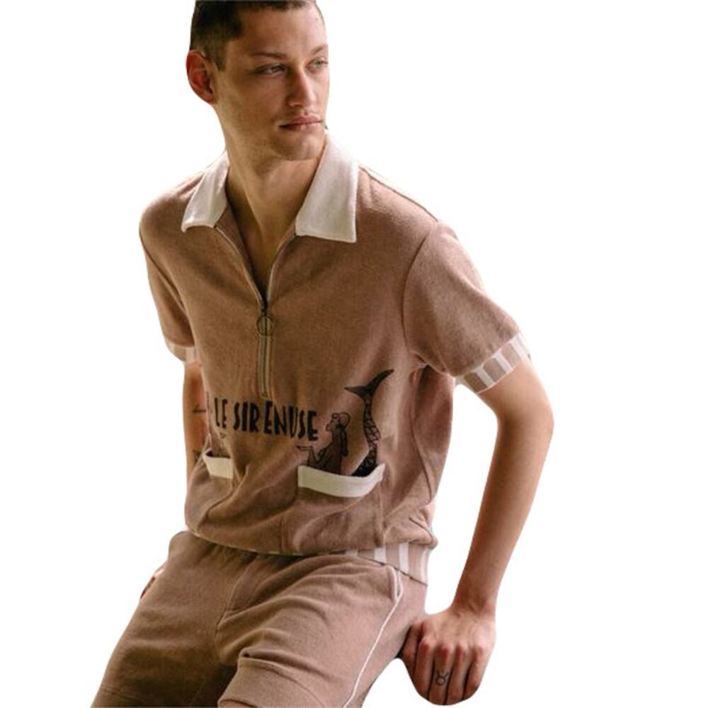 LE SIRENUSE TOMBOLO Top M Terry Graphic Mermaid”Cabana”Beige Pocket Short-Sleeve